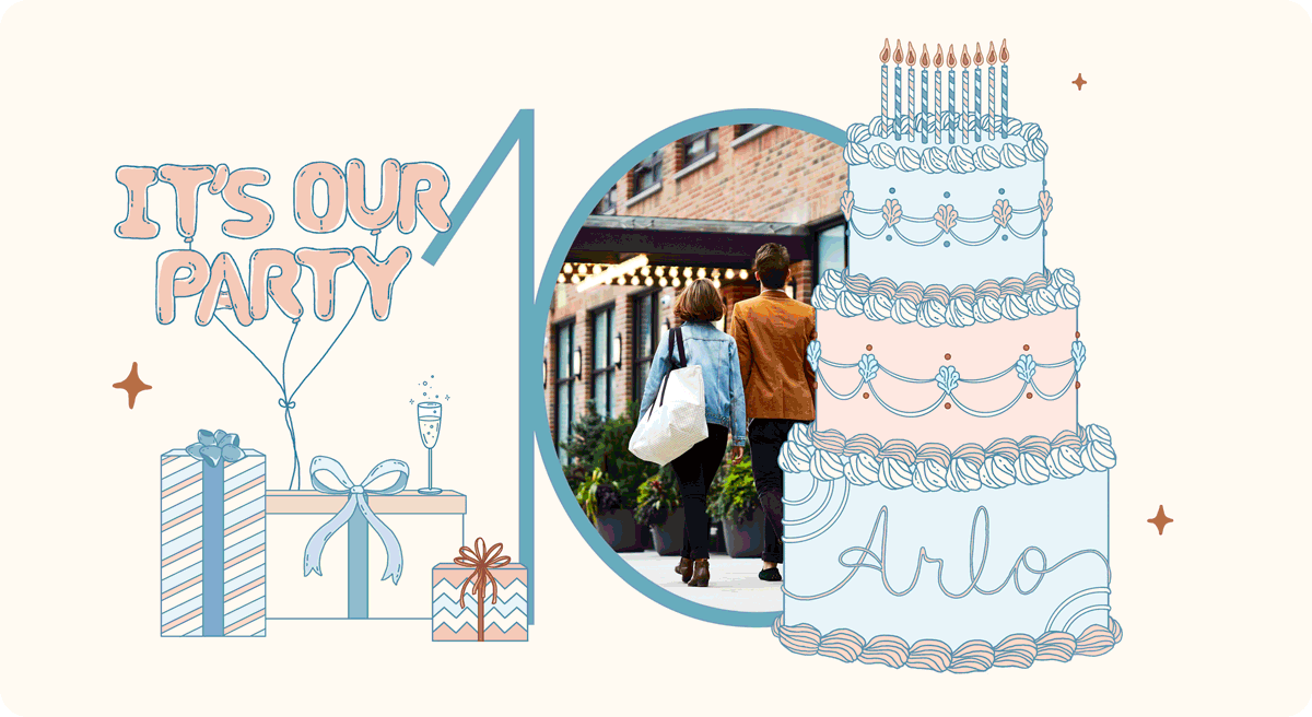Illustration of a 10th anniversary party with balloons, gifts, a tall decorated cake labeled "Arlo," and a photo of two people walking into a building.