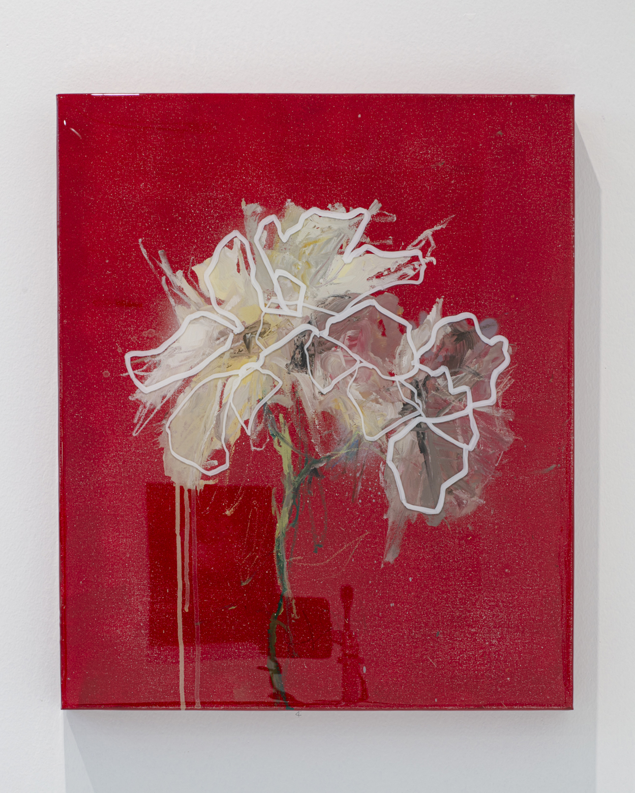 Square red canvas with abstract white and gray floral design. The lines are dynamic and uneven, with green accents indicating stems. The background is solid red.