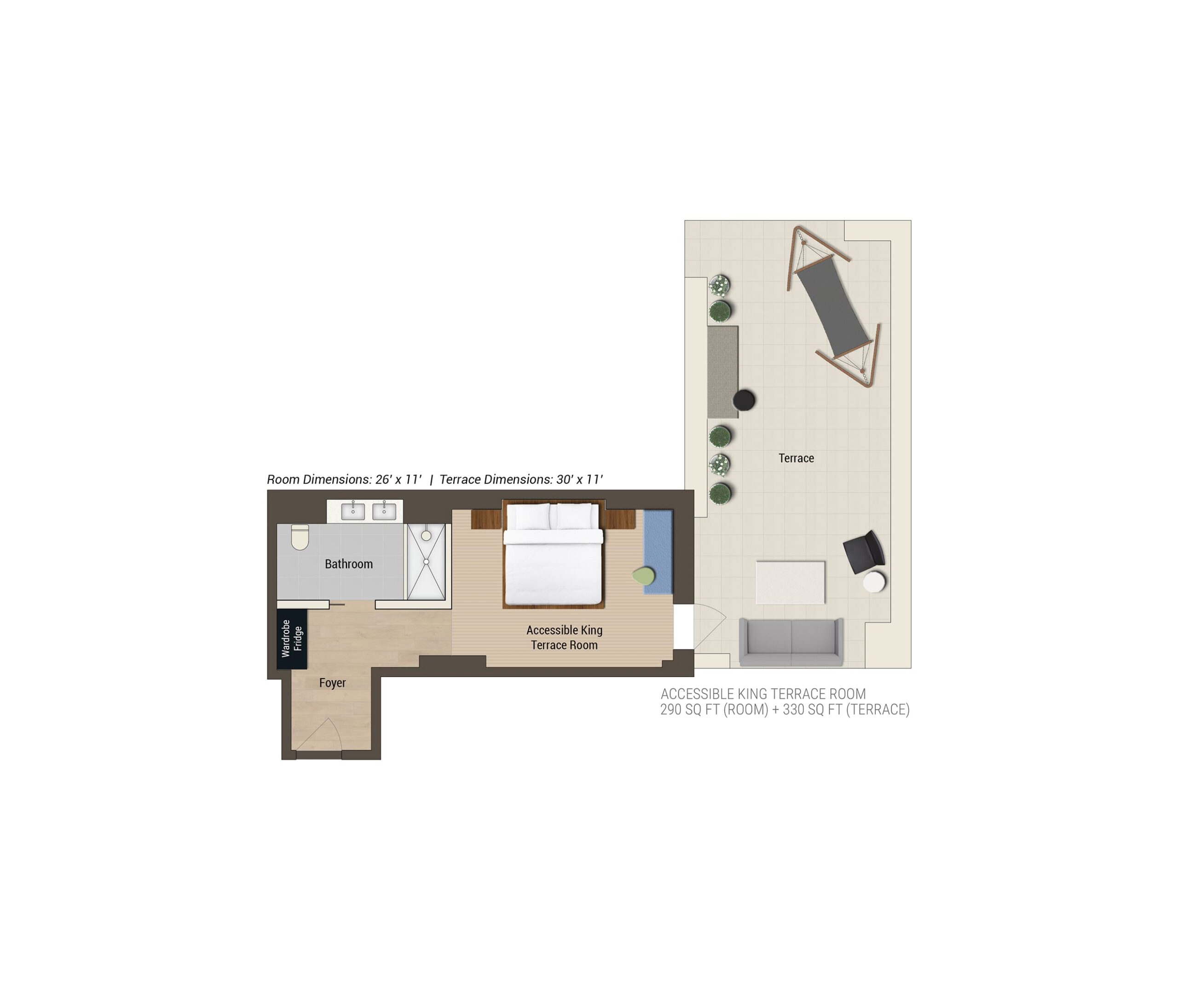 Arlo Midtown Accessible Terrace King hotel room floorplan