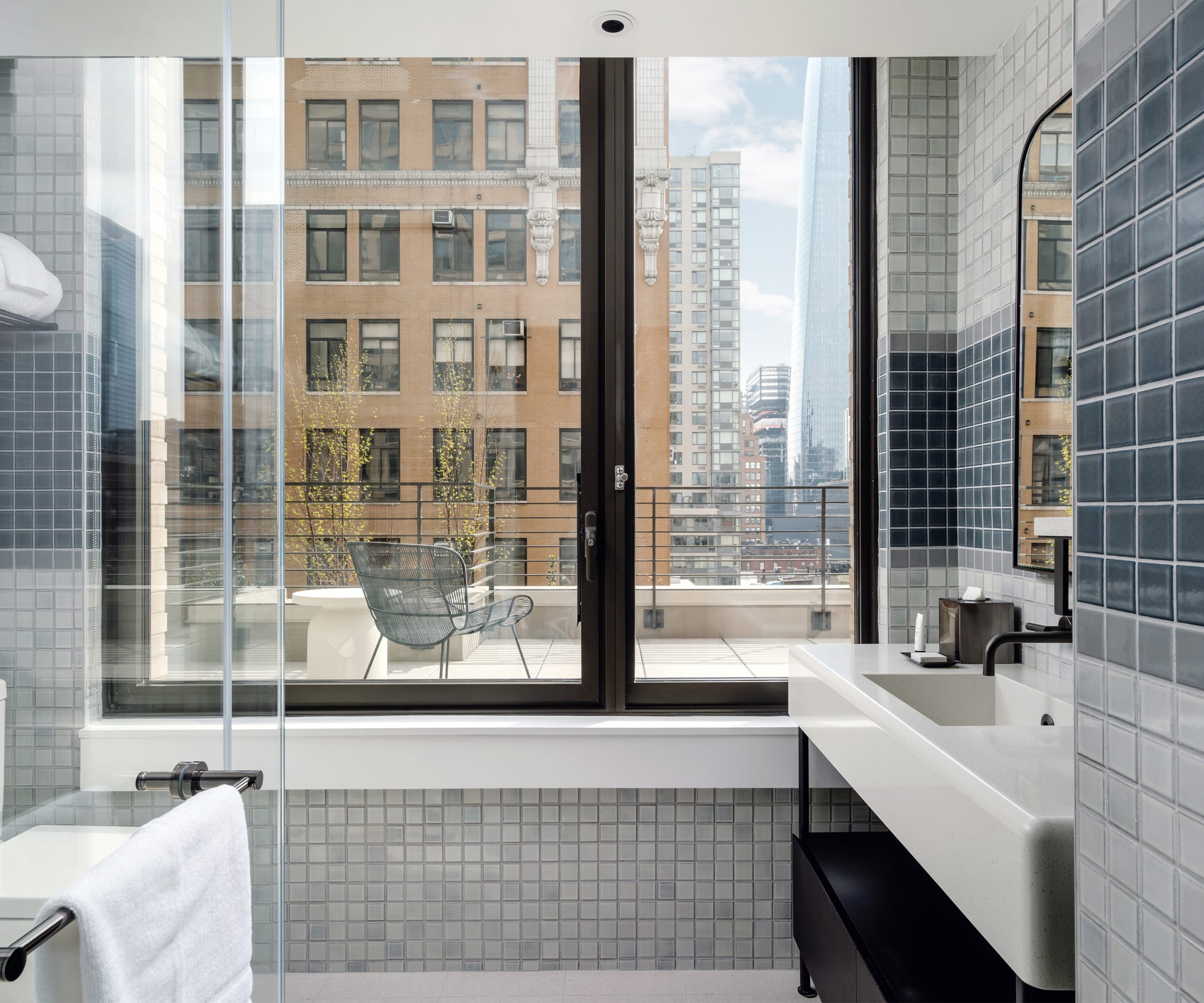Arlo Midtown Terrace Two Double hotel room bathroom and terrace view