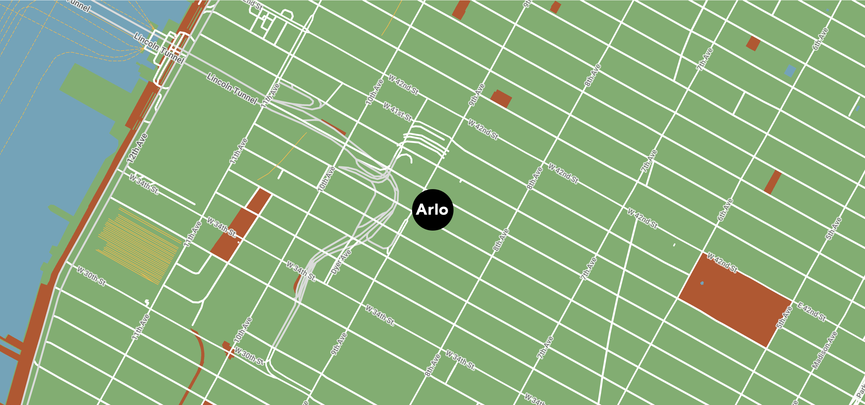 Map view of New York City with location of Arlo Midtown at 351 West 38th Street