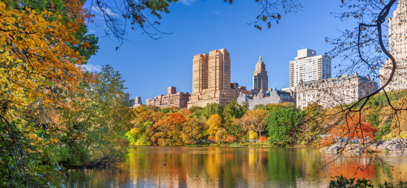 Fall foliage in orange, gold, and green frames a calm lake in Central Park, with Upper West Side apartment towers reflected in the water under a clear blue sky.