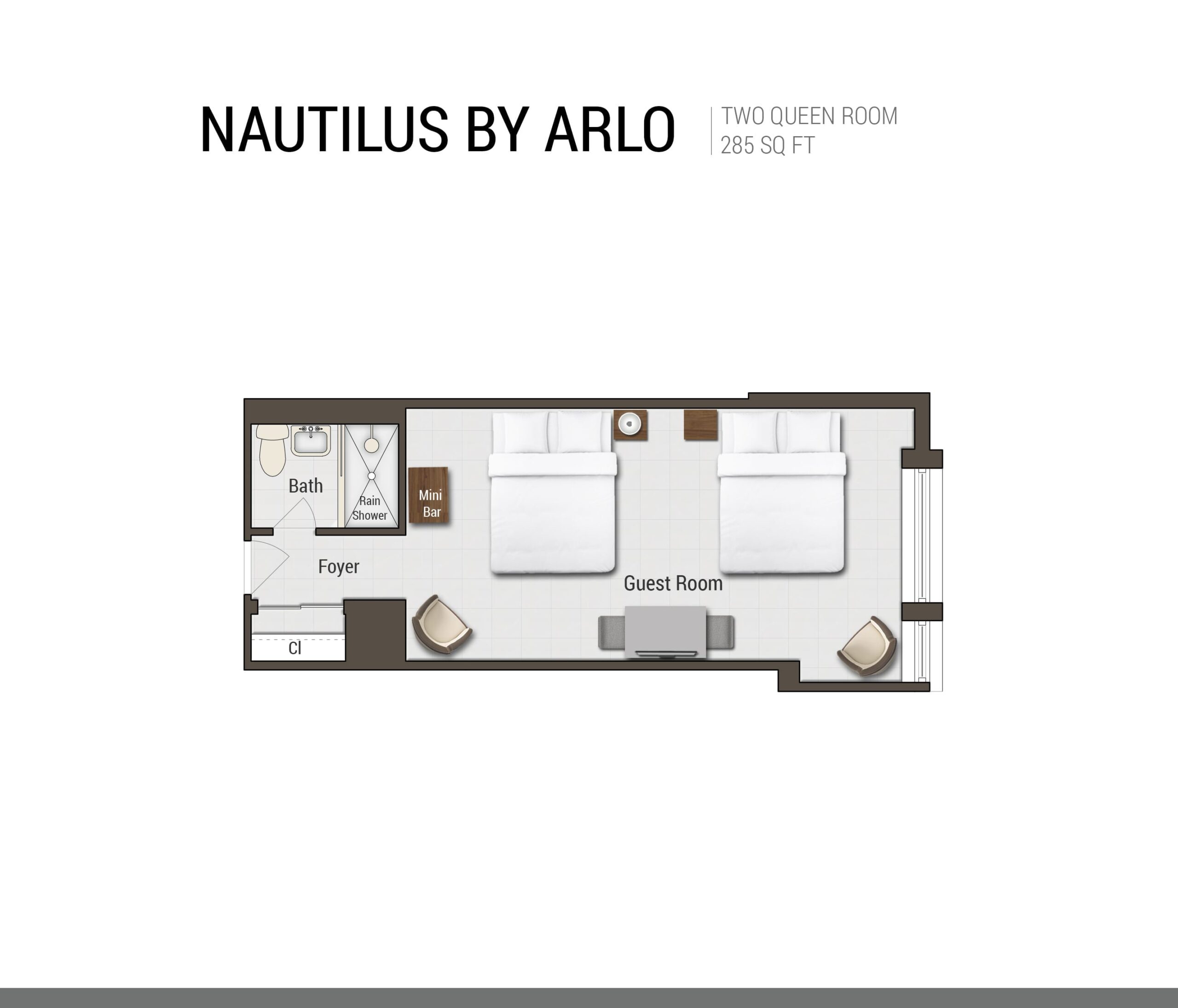 Nautilus by Arlo Two Queen Studio Suite hotel room floorplan