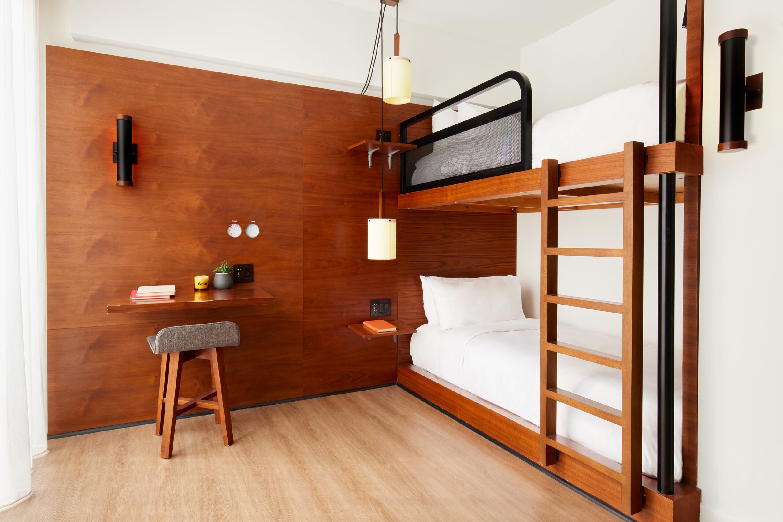 Arlo NoMad Twin Bunk hotel room beds and writing desk