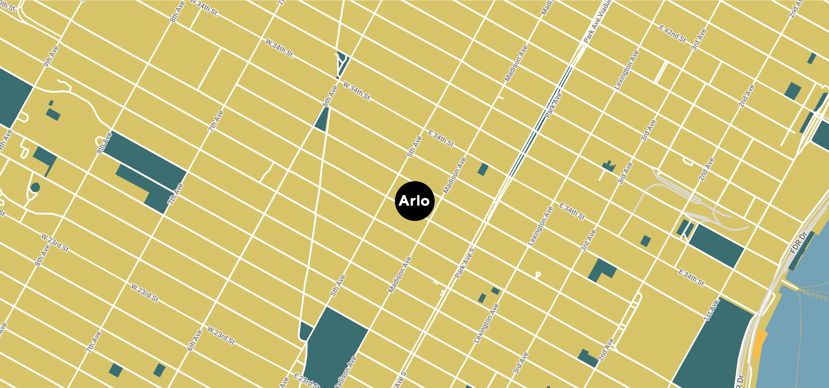 Map view of New York City with location of Arlo Nomad at 11 East 31st Street