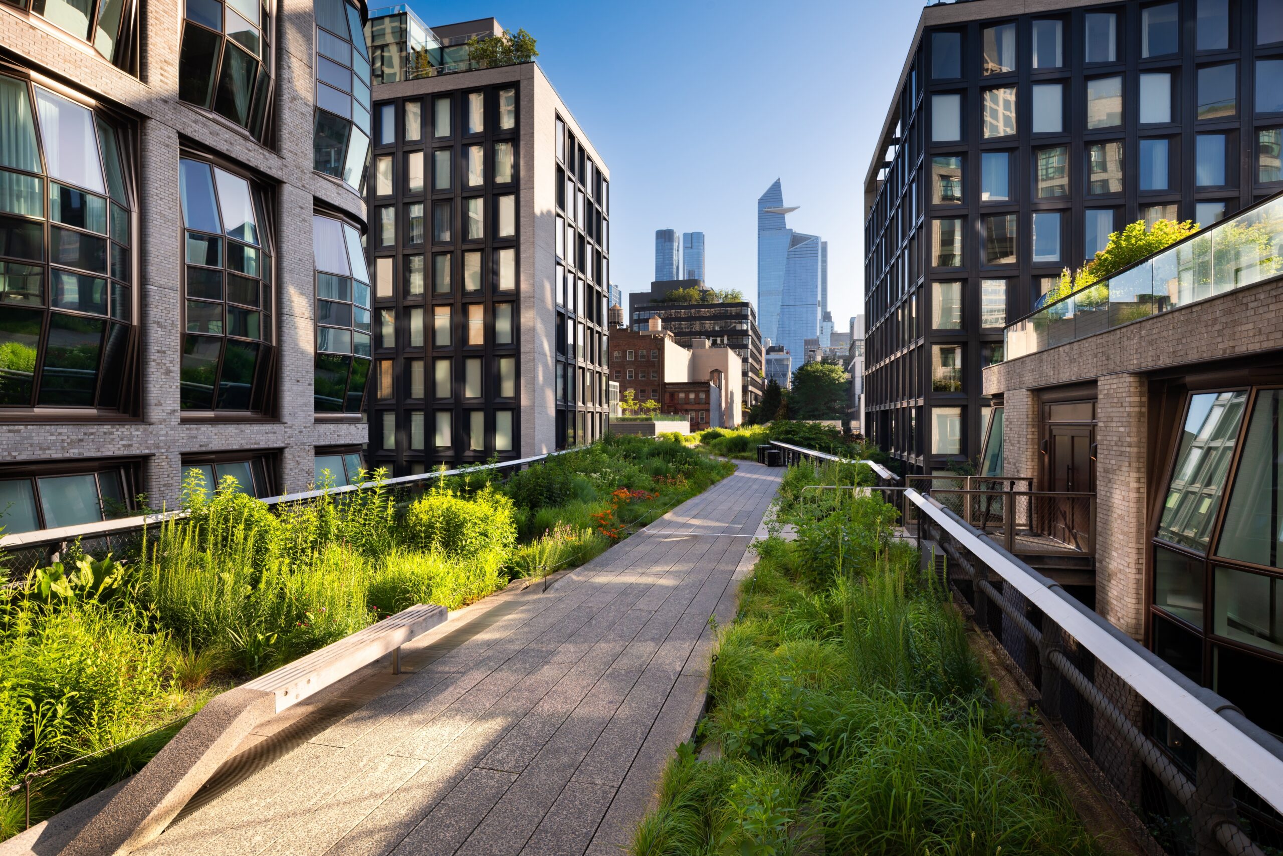 The High Line winds through lush greenery between modern buildings in Manhattan, with the New York City skyline rising in the distance.
