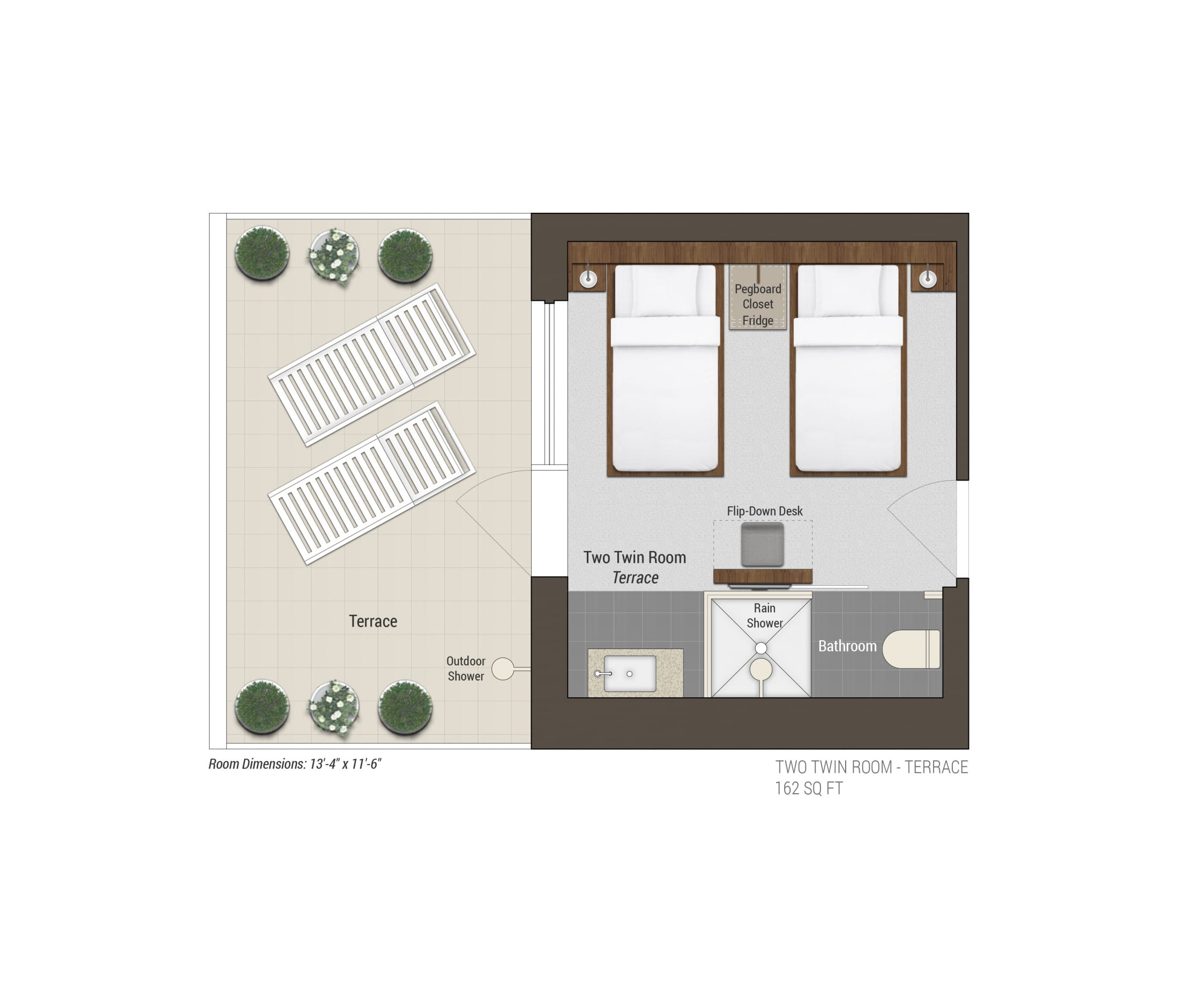 Arlo SoHo Twin Terrance hotel room floorplan