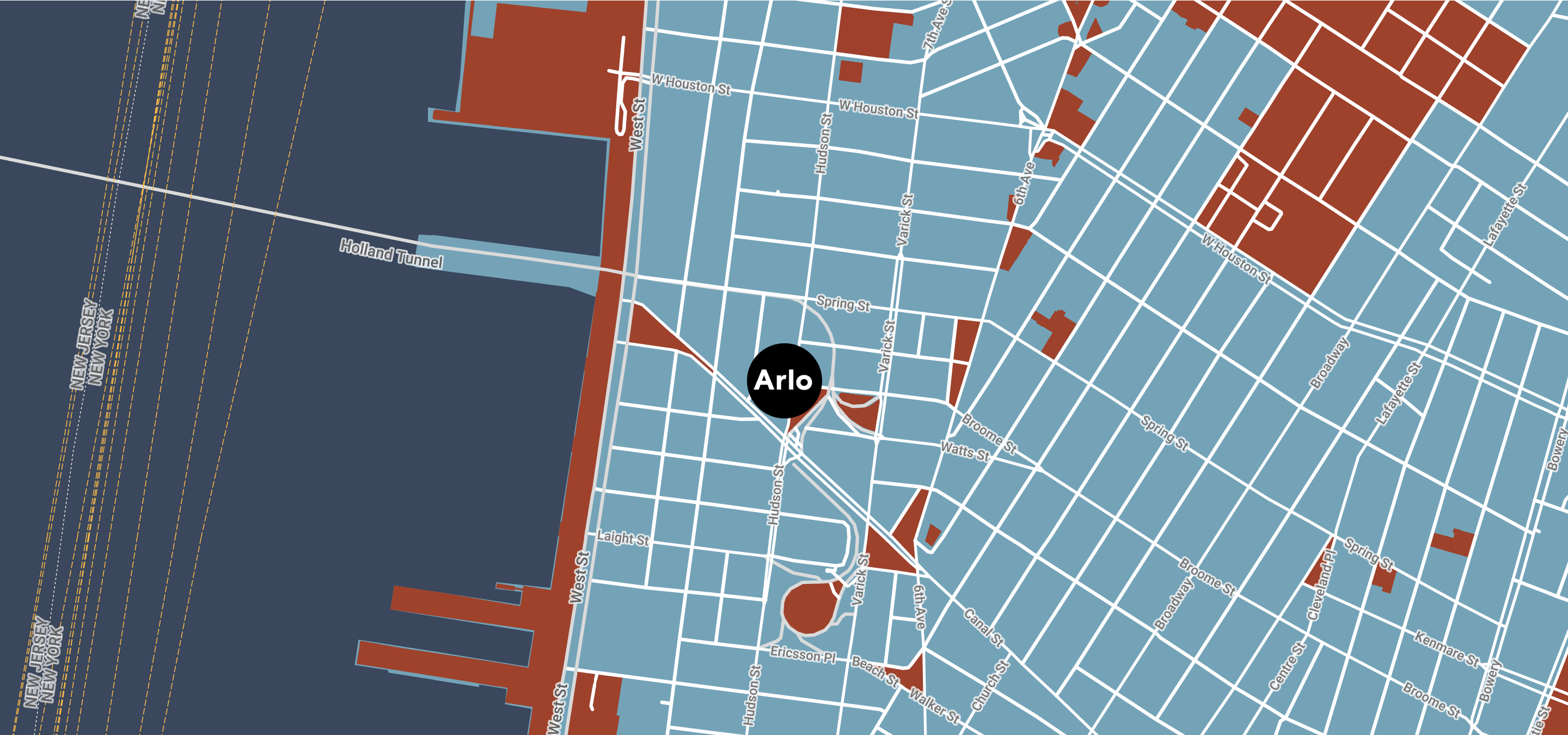 Map view of New York City with location of Arlo SoHo at 231 Hudson Street