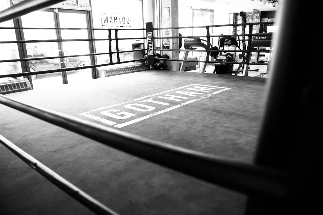 Gotham Gym, through the boxing ring and view of euiptment