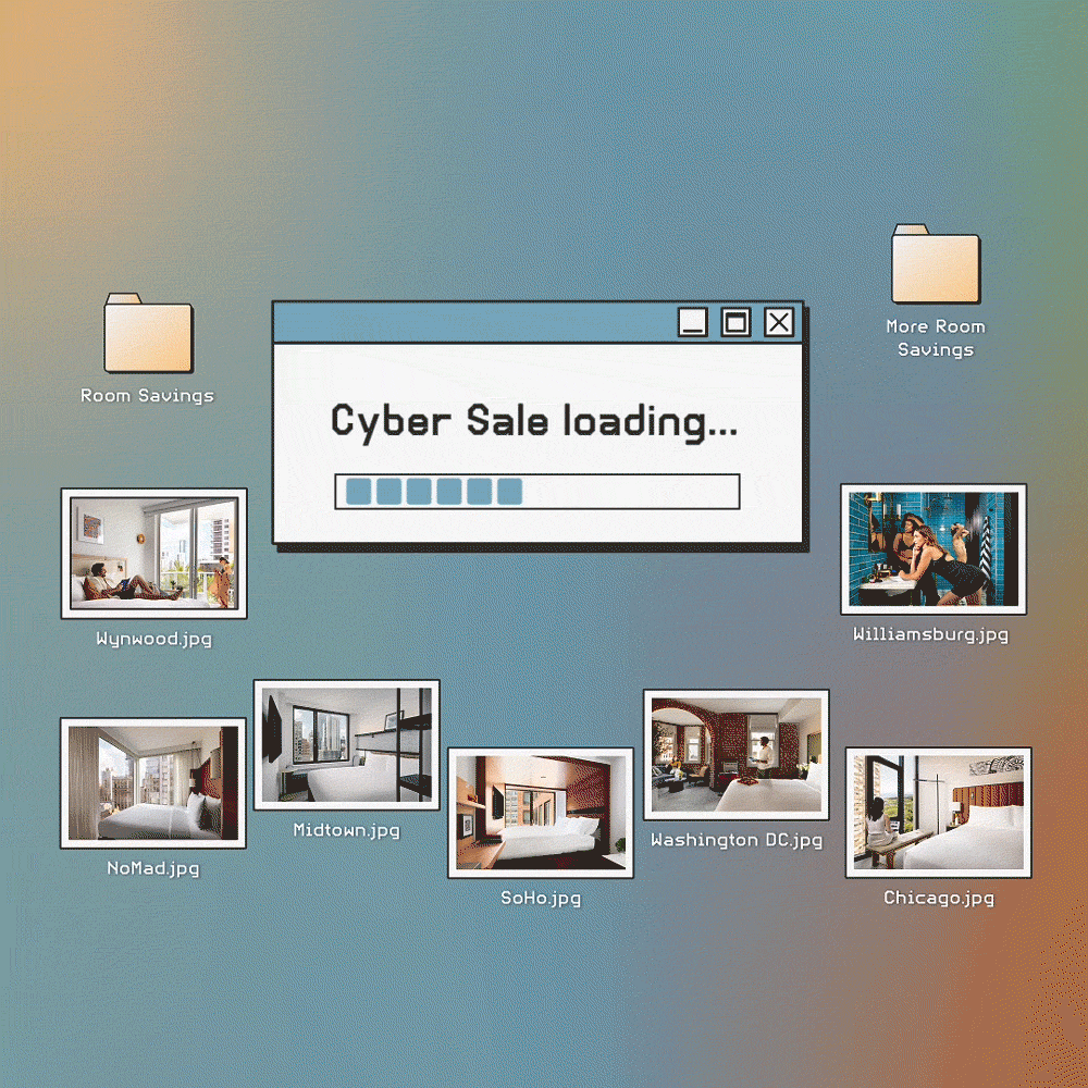A computer desktop with folders labeled "Room Savings" and "More Room Savings," photos of hotel rooms, and a pop-up window displaying "Cyber Sale loading...".