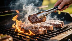Close-up of steaks grilling over open flames at the Giant National Capital BBQ Battle, with smoke rising as a hand uses tongs to flip a perfectly seared cut of meat.