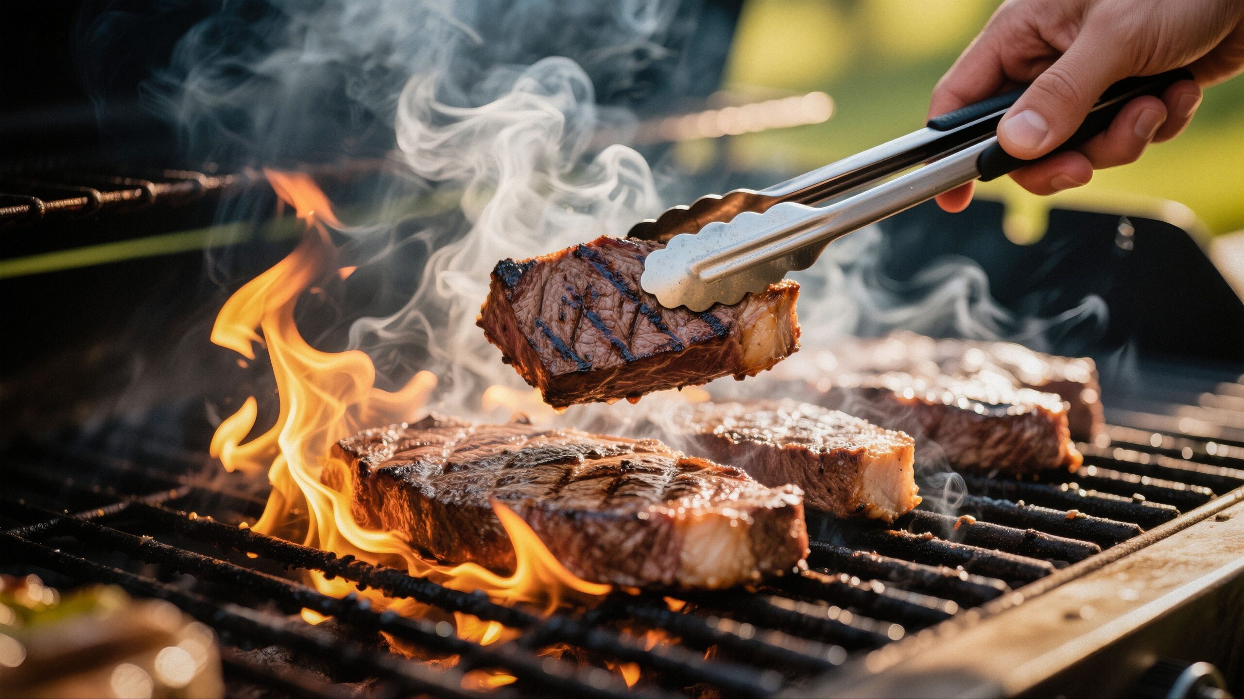 Close-up of steaks grilling over open flames at the Giant National Capital BBQ Battle, with smoke rising as a hand uses tongs to flip a perfectly seared cut of meat.