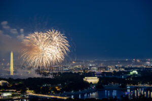 4th of July fireworks over the National Mall in Washington, DC, with the Washington Monument and Lincoln Memorial illuminated during Independence Day celebrations.