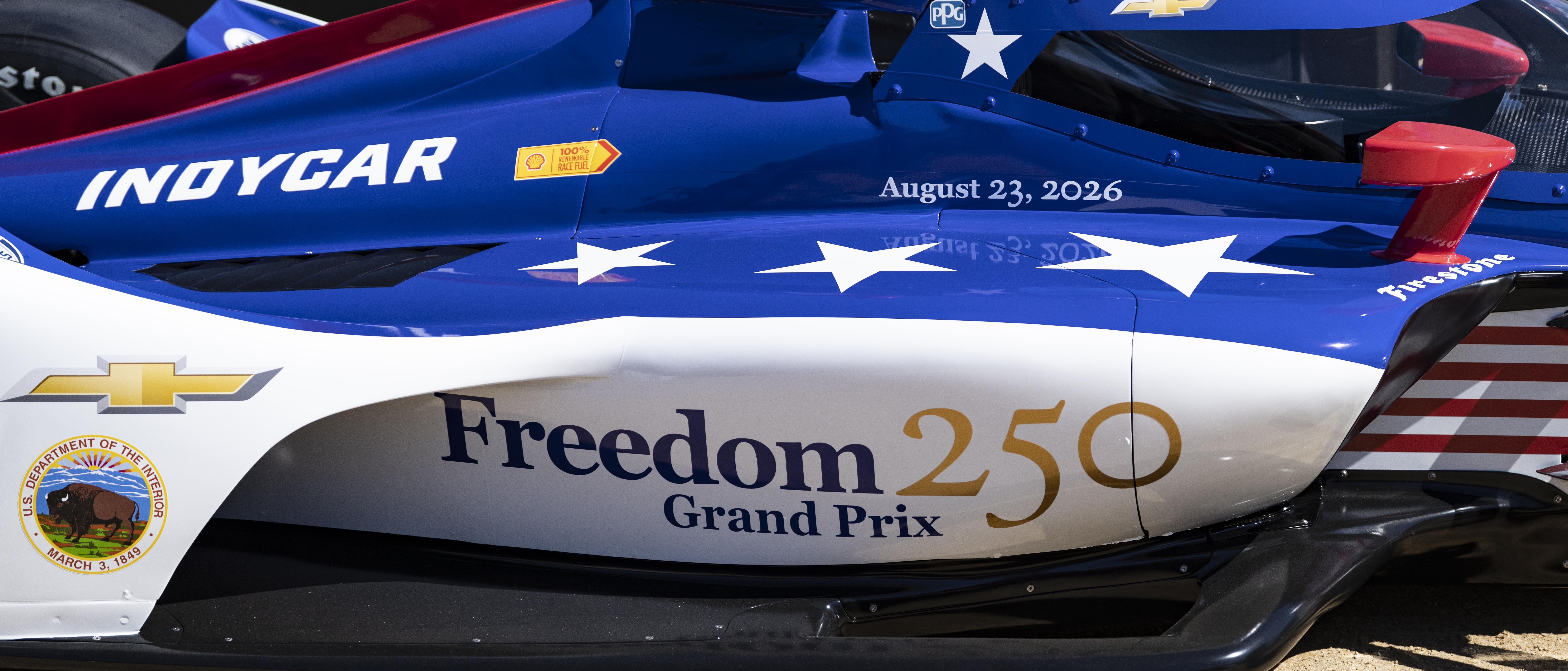 Freedom 250 Grand Prix IndyCar displayed ahead of a major motorsports event, one of the featured August events in Washington celebrating America’s 250th anniversary.