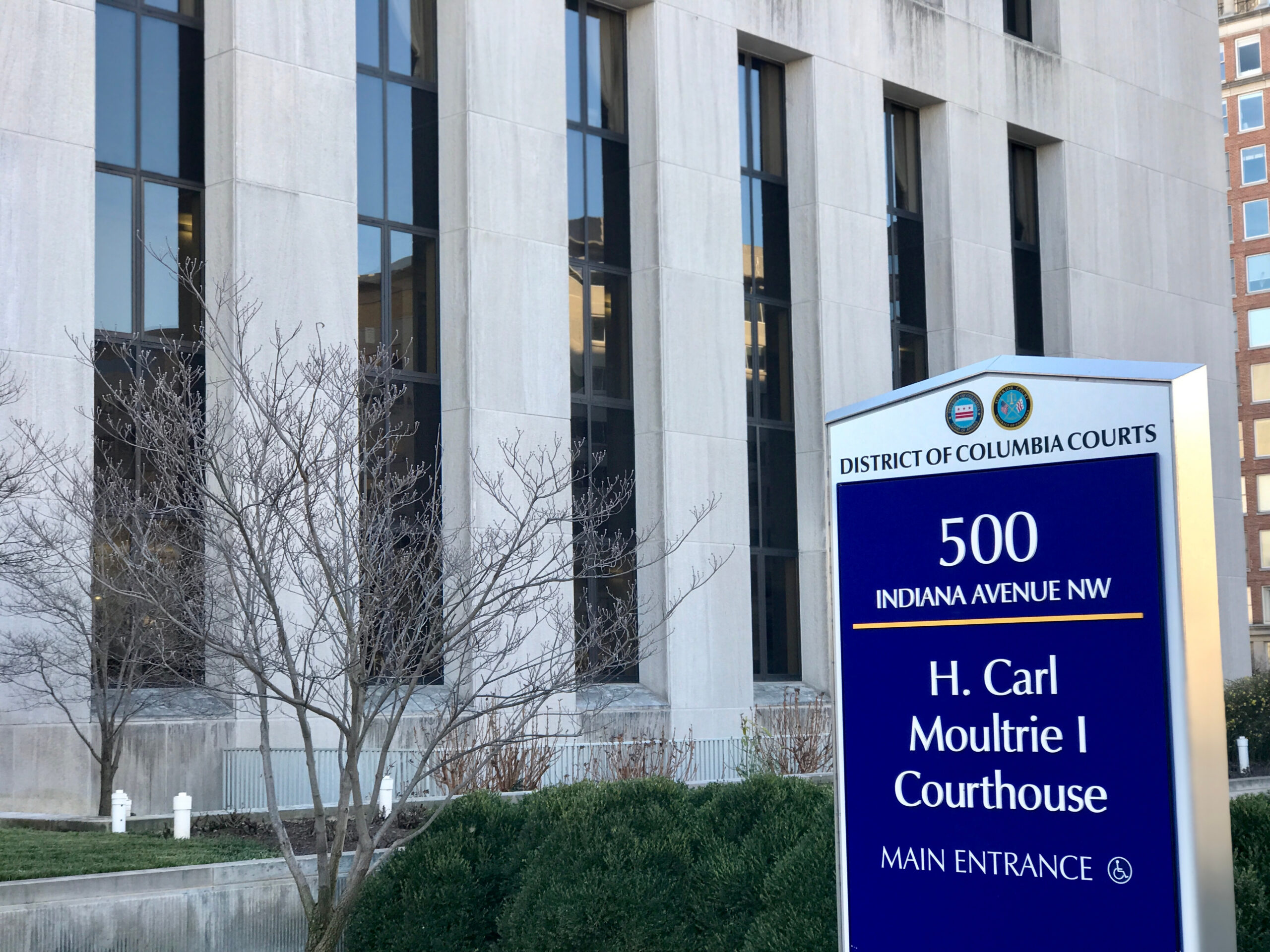 H. Carl Moultrie I Courthouse sign at 500 Indiana Avenue NW, main entrance of the District of Columbia Courts.