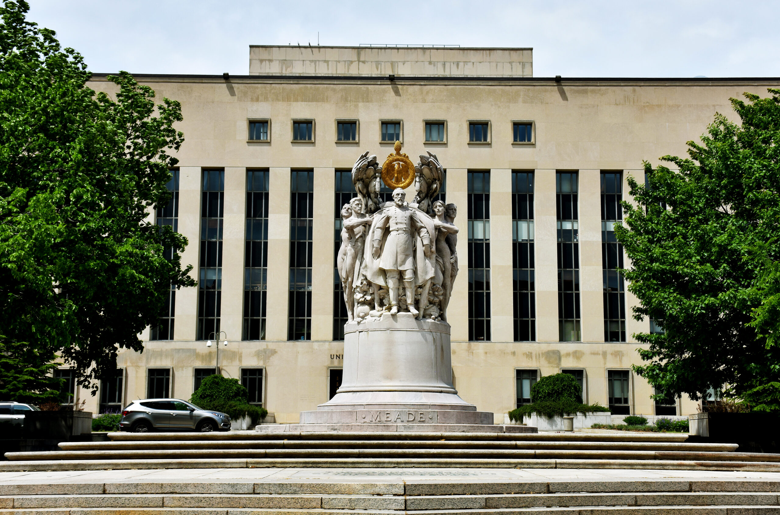The George Gordon Meade Memorial in front of the E. Barrett Prettyman US District Court building on Constitution Avenue in Washington, DC