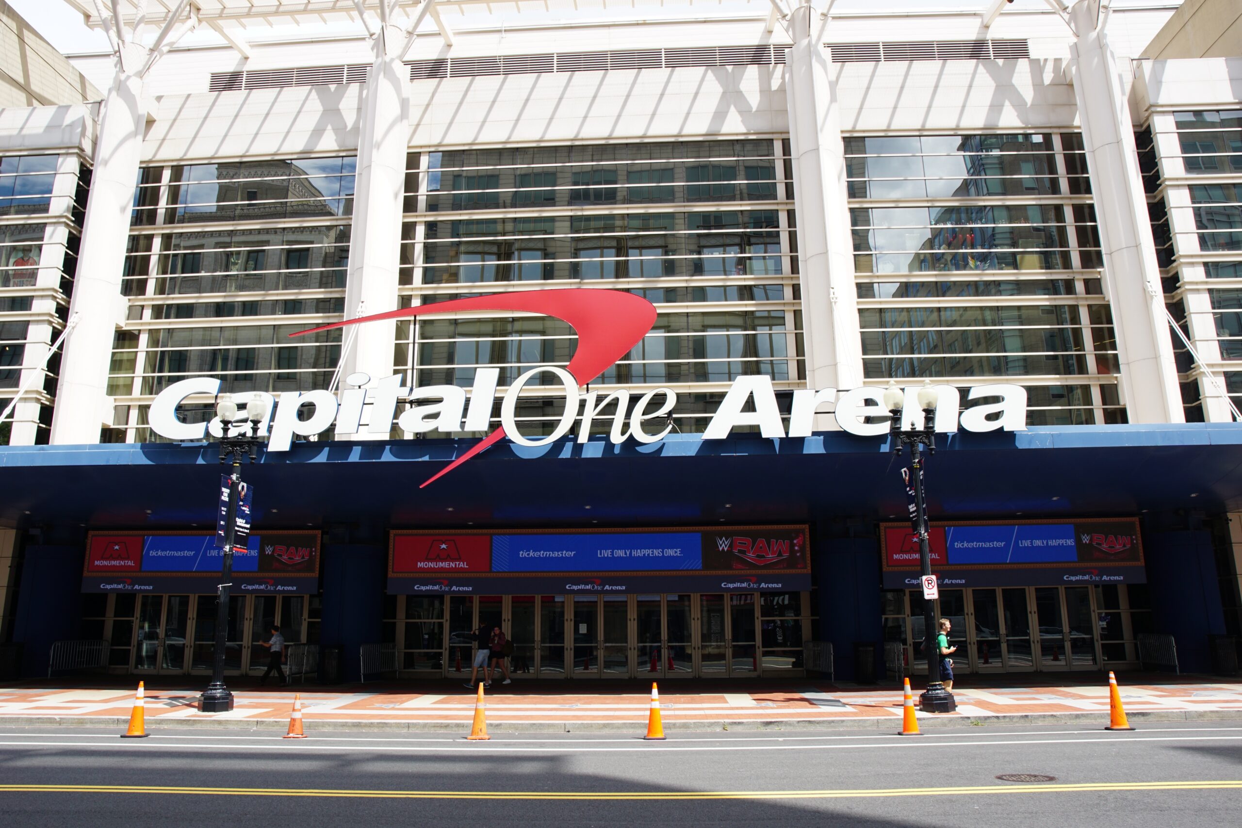 Exterior view of Capital One Arena on a sunny day.