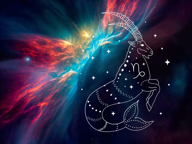 A stylized Capricorn constellation depicted against a colorful cosmic background with stars and a nebula.