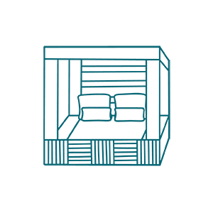 Line drawing of a cabana with two pillows on a bed, featuring side and back walls and an open front.