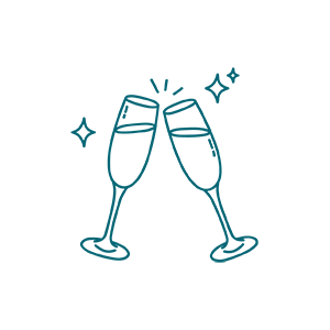 Two champagne glasses clinking together with sparkles around them, symbolizing a celebration or toast.