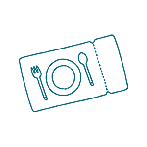 Line drawing of a placemat with a plate, fork on the left, and spoon on the right, arranged neatly on a light background.