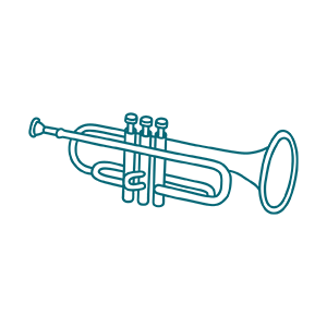 Simple line drawing of a trumpet with three valves, mouthpiece on the left, and flared bell on the right, shown on a plain light background.