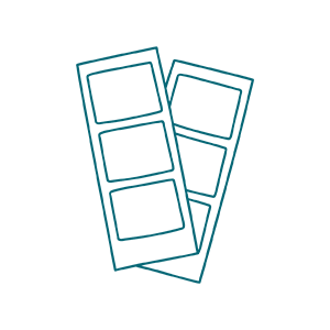 Line drawing of two overlapping photo booth picture strips, each containing four blank rectangular frames.