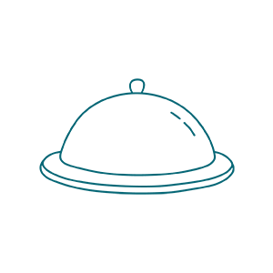 Simple line drawing of a cloche, a food cover with a handle on top, placed on a round serving plate against a plain background.
