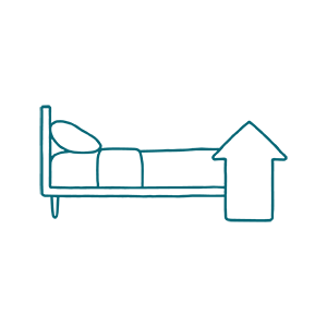 A simple line drawing of a bed with a large upward arrow placed at the foot of the bed.