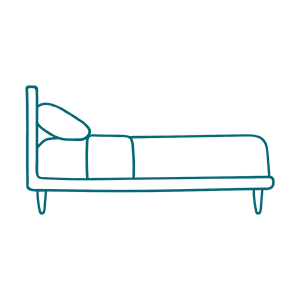 Simple line drawing of a bed with a pillow and blanket, shown from the side on a light background.