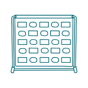 Simple line drawing of a Connect Four game with alternating oval and rectangle shapes in the slots on a plain background.