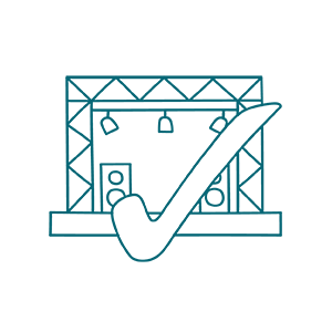 Line drawing of a concert stage with speakers and lights, overlaid with a large check mark in the foreground.