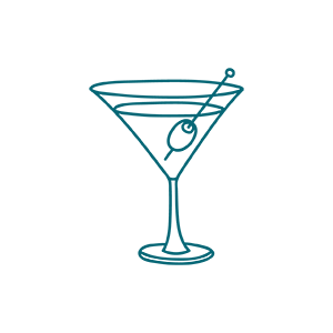 Line drawing of a martini glass with an olive on a cocktail pick inside, set against a plain white background.