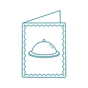 Line drawing of a menu with a cloche food cover icon on the front and a scalloped border, set against a plain background.