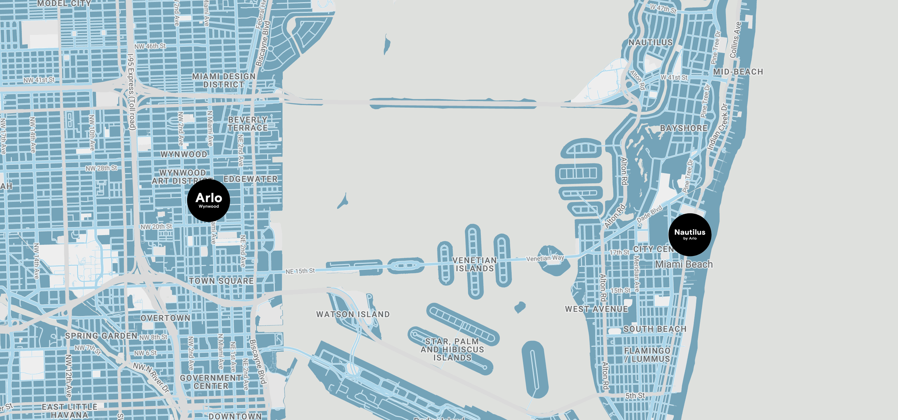 Map view of Miami with locations of Arlo Wynwood at 2217 NW Miami Court and Nautilus by Arlo 1825 Collins Avenue