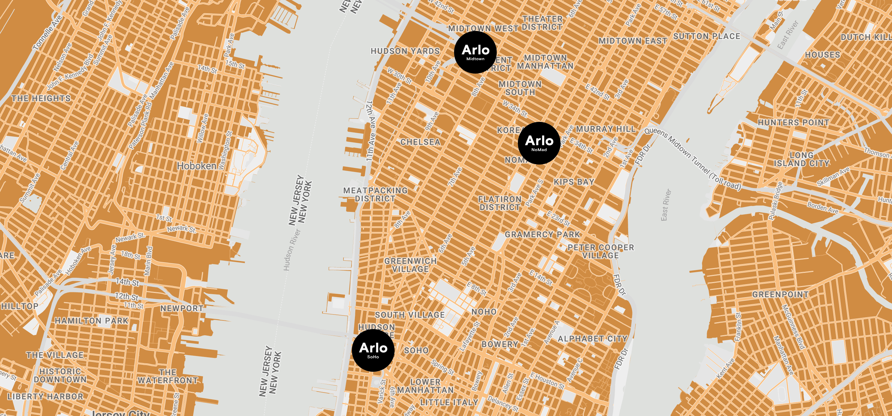 Map view of New York City with locations of Arlo Midtown at 351 West 38th Street, Arlo Nomad at 11 East 31st Street, and Arlo SoHo at 231 Hudson Street