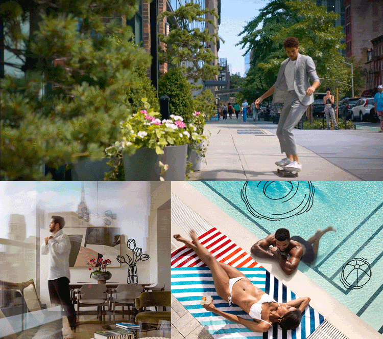 Collage of images featuring a man on a skateboard, man button his shirt, and a couple by the pool.