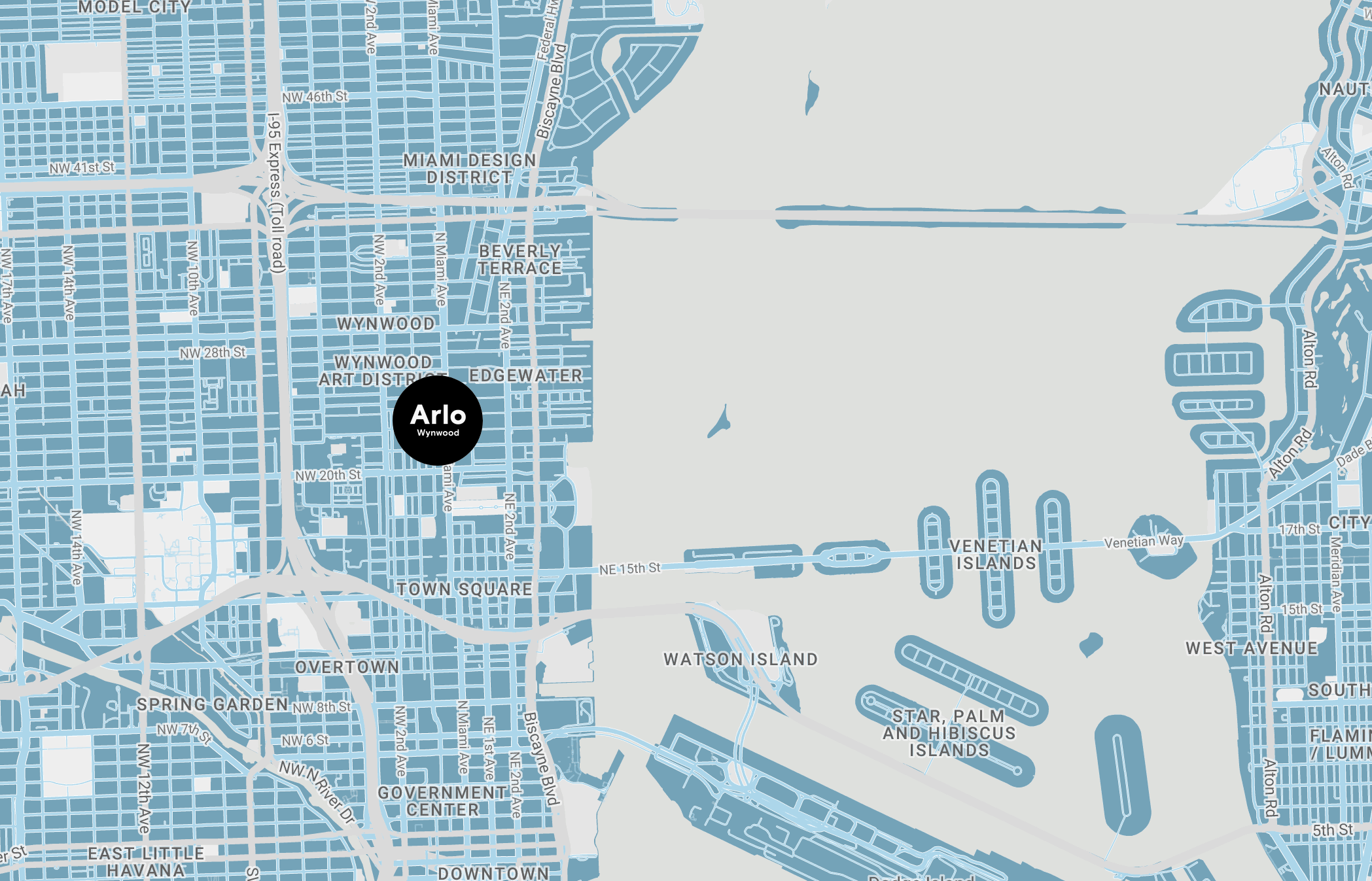 Map view of Miami with location of Arlo Wynwood at 2217 NW Miami Court