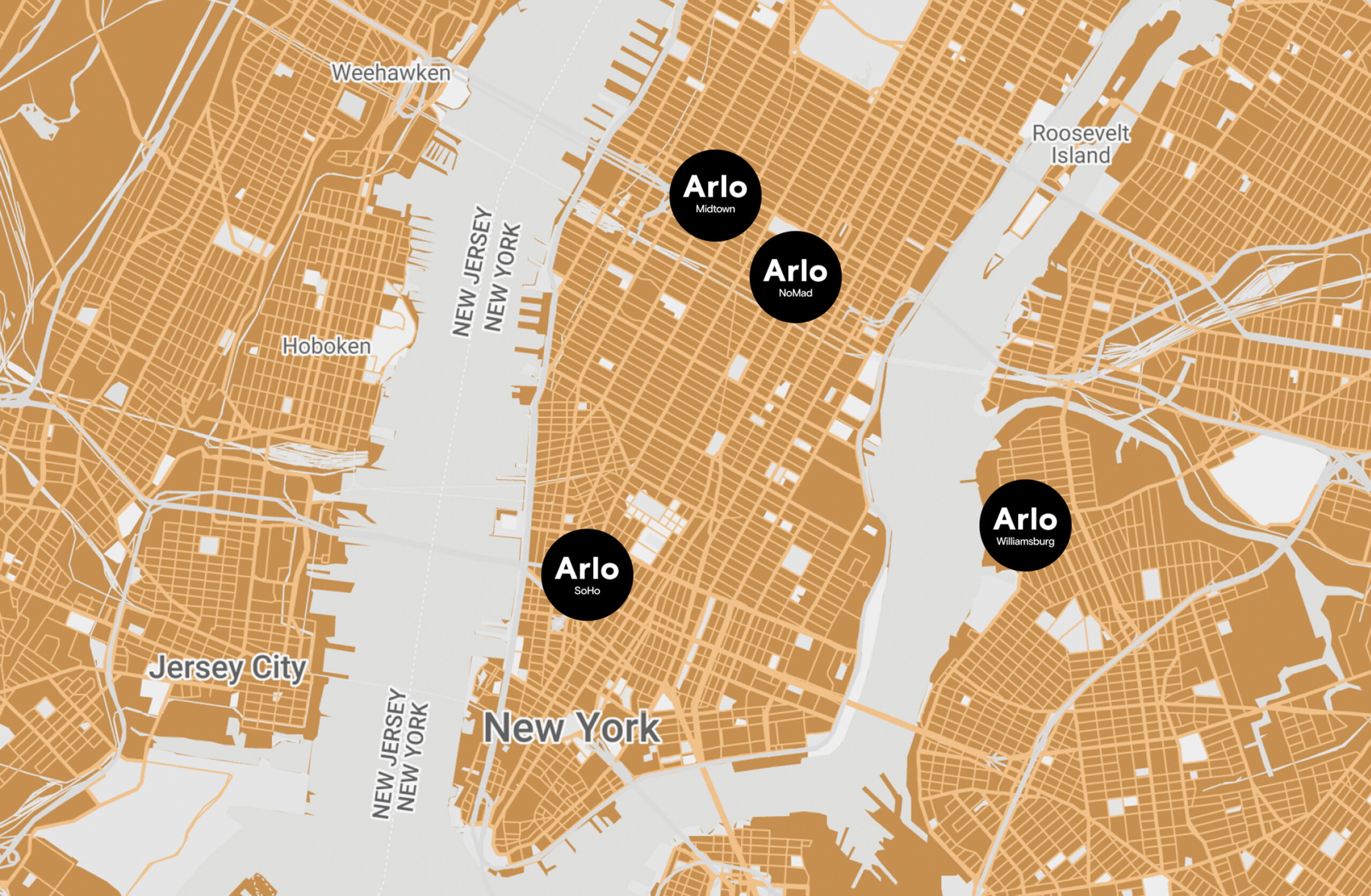 Map view of New York City, New York with locations of Arlo Midtown at 351 West 38th Street, New York, NY 10018; Arlo NoMad at 11 East 31st Street, New York, NY 10016; Arlo Williamsburg at 96 Wythe Ave, Brooklyn, NY 11249; and Arlo SoHo at 231 Hudson Street, New York, NY 10013