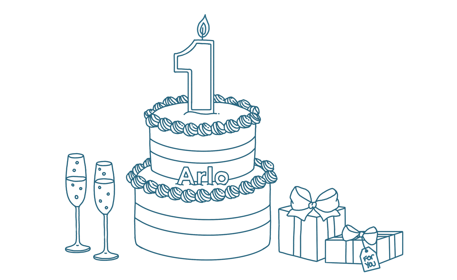 Illustrated graphic of champaign, a cake, and presents