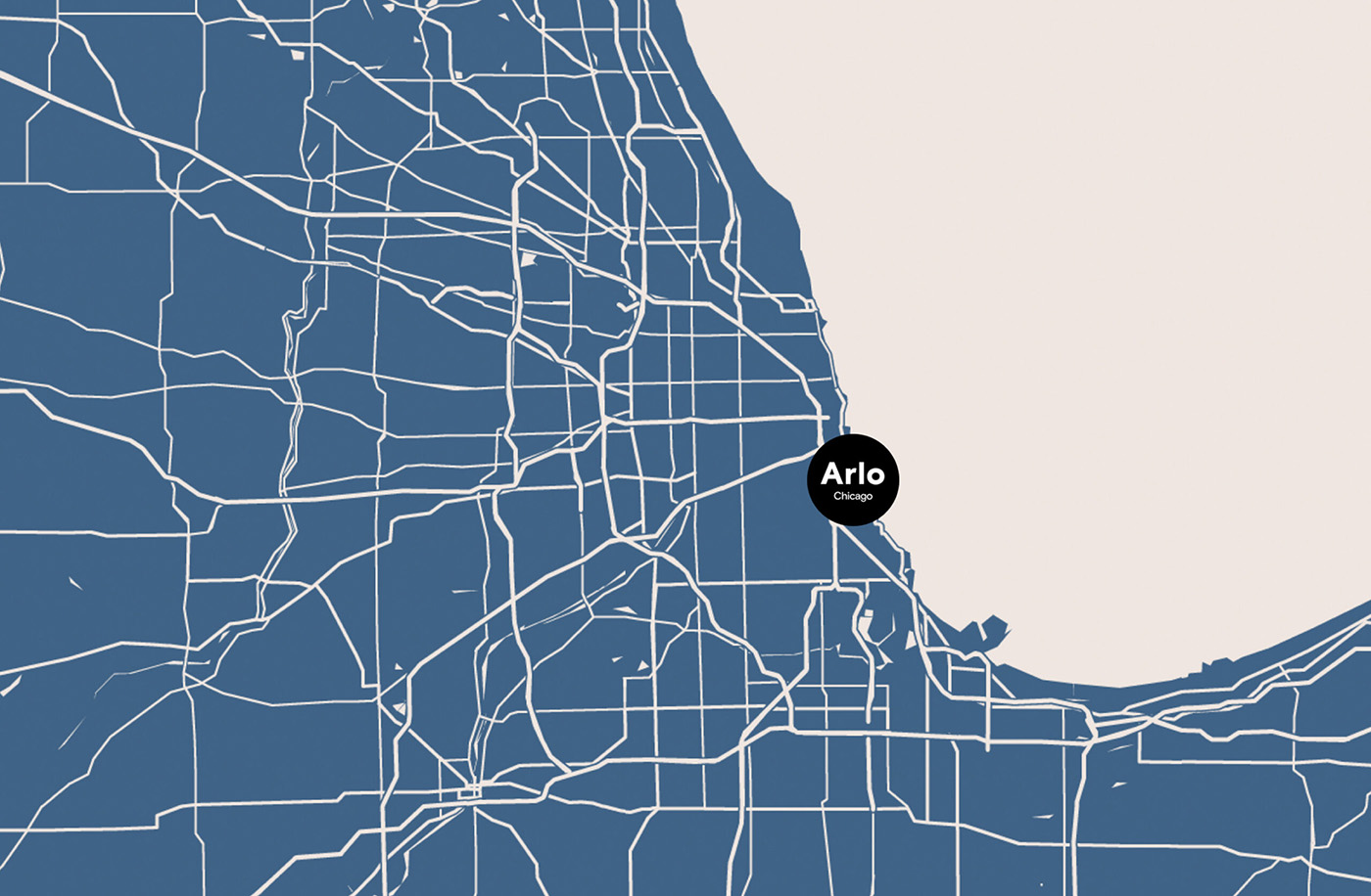 Map highlighting the location of "Arlo" in Chicago, with a simplistic blue and white design showing surrounding streets and water bodies.