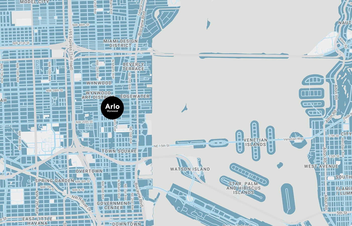 Stylized map highlighting the location of "Arlo Wynwood" in a neighborhood of Miami, showing surrounding areas including Wynwood Art District, Miami Design District, and Venetian Islands.