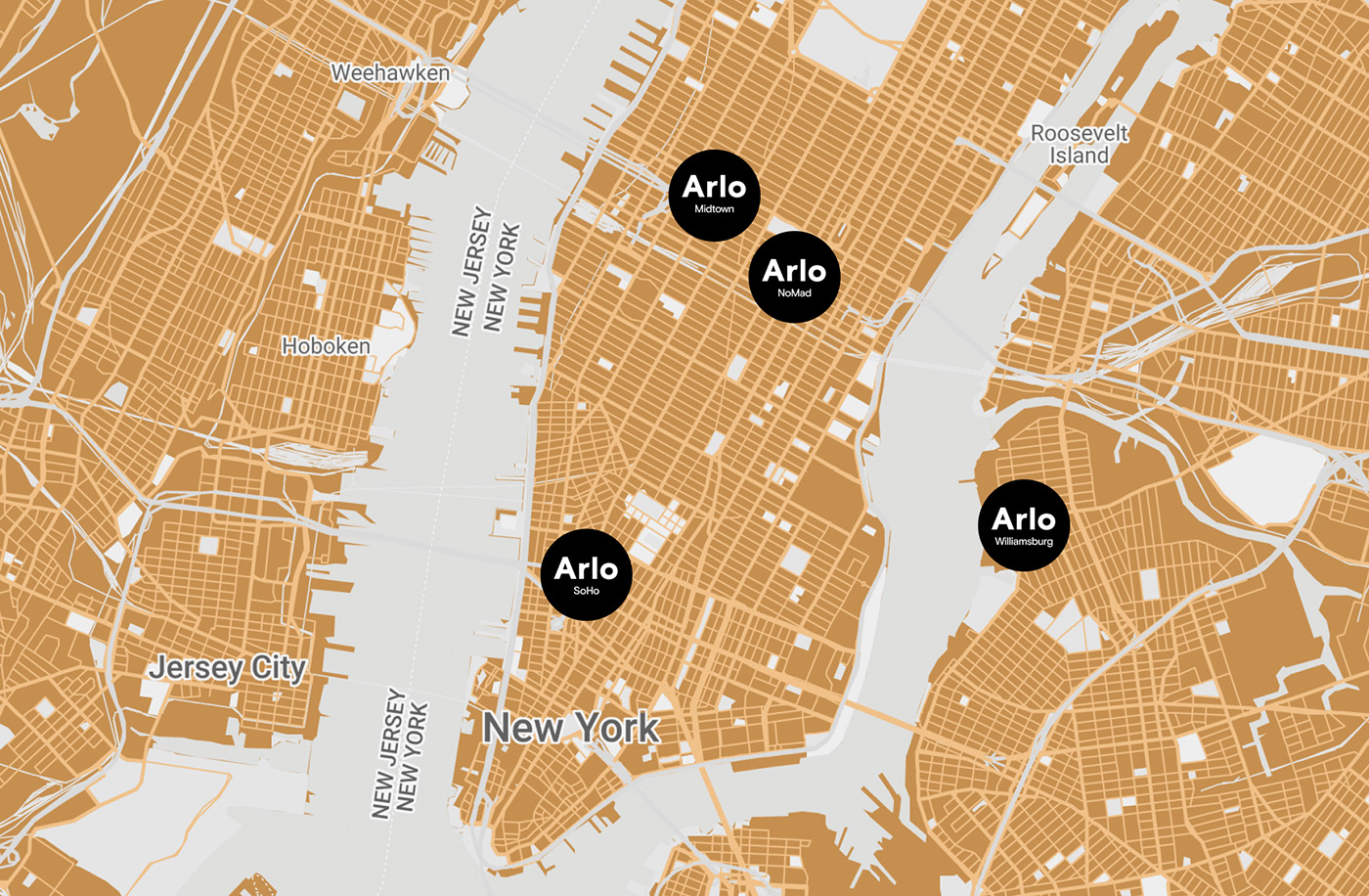 Map of New York City showing locations of four Arlo hotels in Midtown, NoMad, SoHo, and Williamsburg areas. Nearby areas like Jersey City, Weehawken, and Hoboken are also marked.