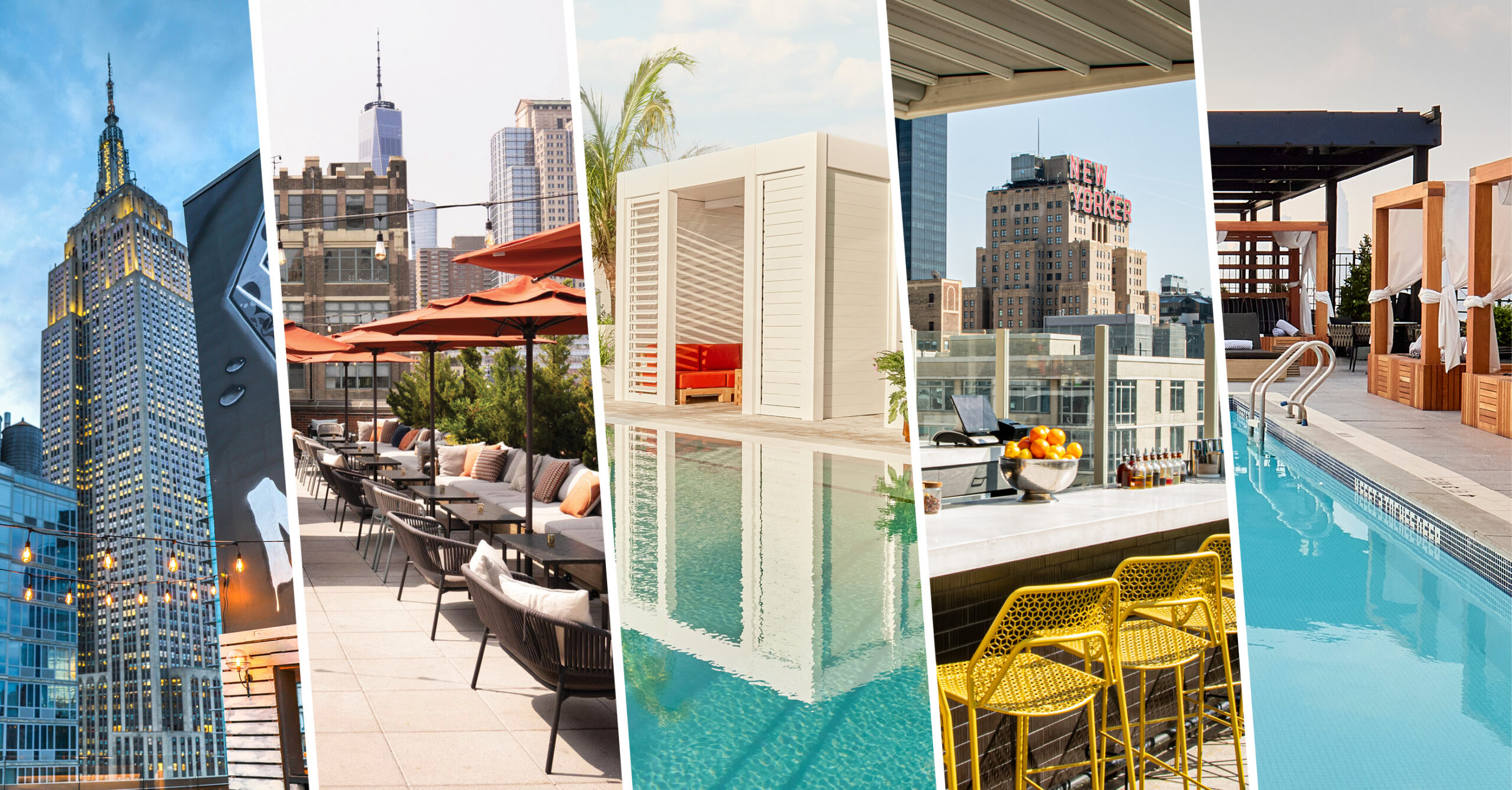 A collage featuring various rooftop scenes: a tall skyscraper, outdoor seating with umbrellas, a cabana by a pool, a bar with seating, and a rooftop swimming pool.