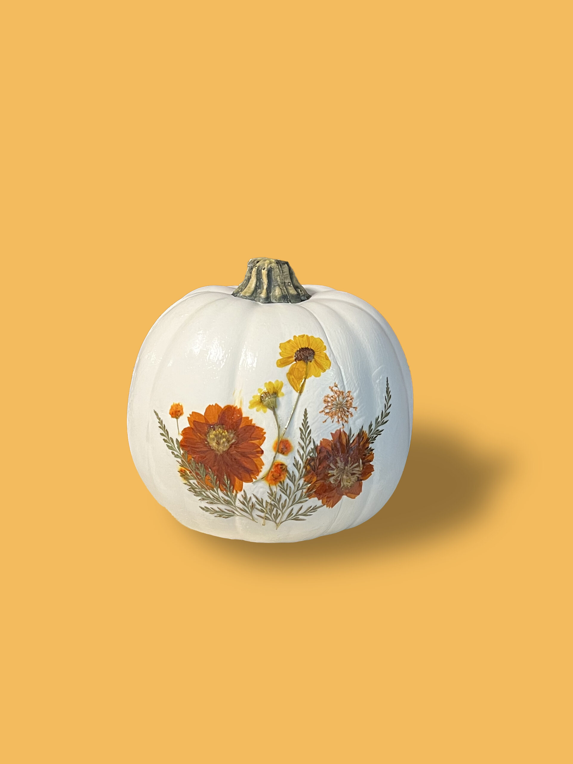 White pumpkin decorated with dried flowers against a yellow background.