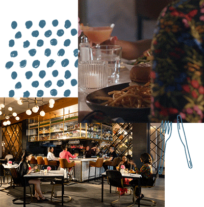 A collage: a restaurant bar scene with patrons seated and a counter with hanging glassware, a close-up of a burger and fries, and a blue polka-dot pattern.