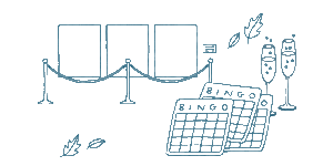 Illustration of three blank frames behind a cordon, three bingo cards, champagne glasses, and scattered leaves.