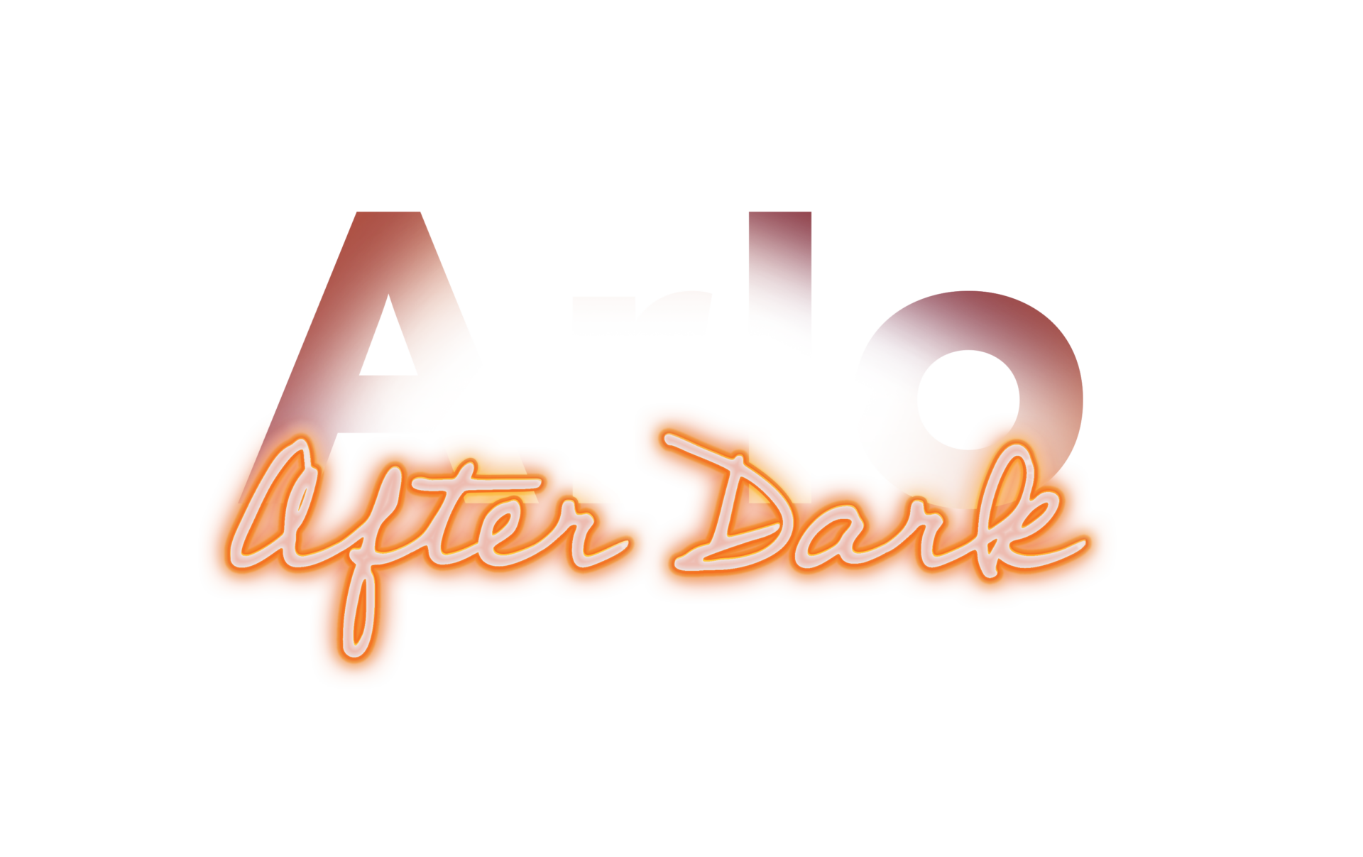 A logo featuring the text "Arlo After Dark" in bold and script fonts, with a gradient fill and neon orange outline.