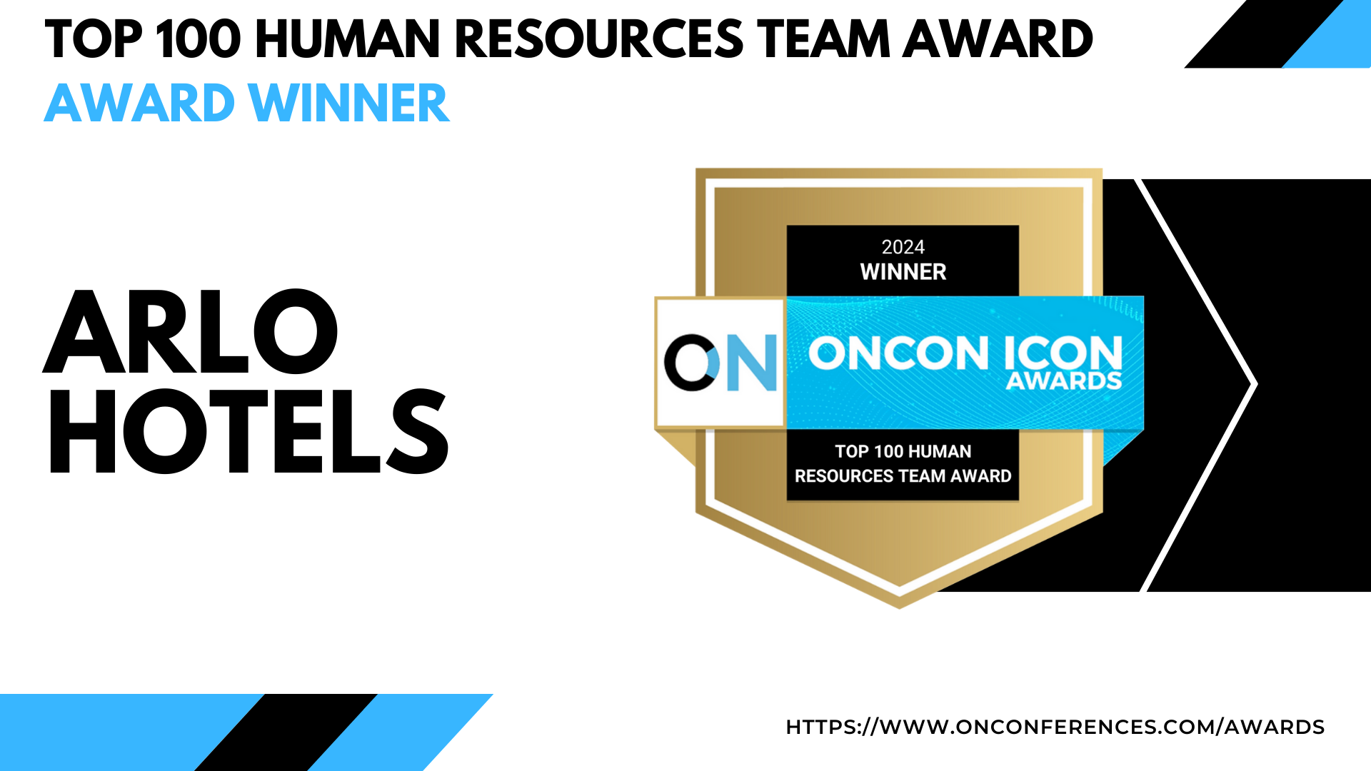 Award graphic for Arlo Hotels, recognized as a top 100 human resources team at the 2024 OnCon Icon Awards.