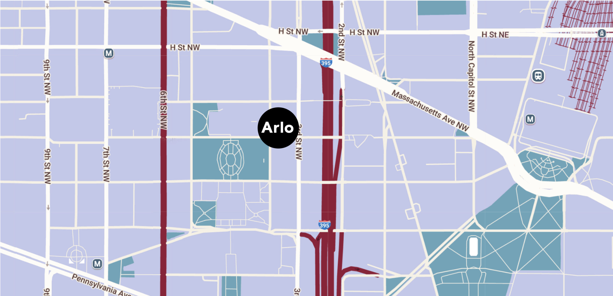 Map highlighting "Arlo" on a grid layout with major roads and intersections near Massachusetts Ave NW and 9th St NW.